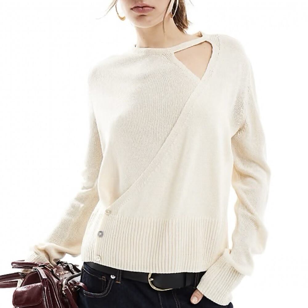 Mango MNG Ivory Cream Cutout Knit Wrap Sweater Top Sz M Long Slv Relaxed Fit